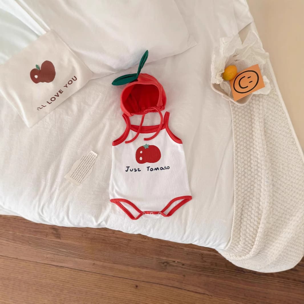 Summer 26 Korean Tomato Print Bodysuit, Ins-Style Tomato Design Baby Romper, Infant Suspender