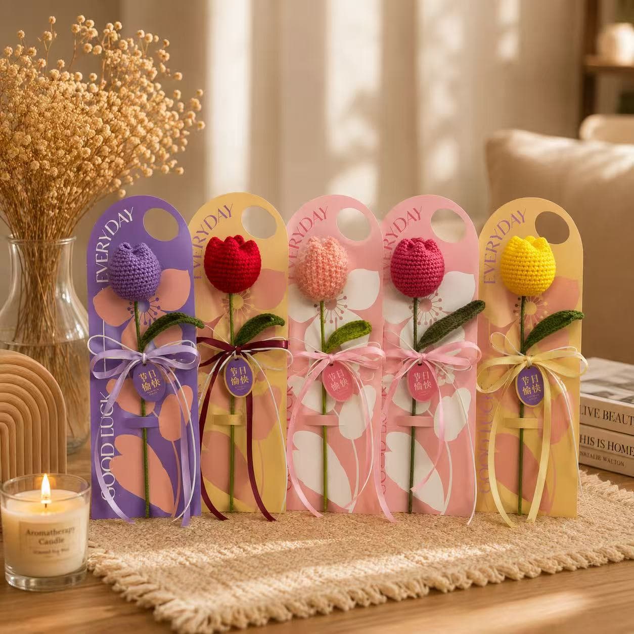 Tulip Knitted Yarn Flower Milk Cotton Hand Crochet Bouquet Woven Artificial Tulip Gift Flower
