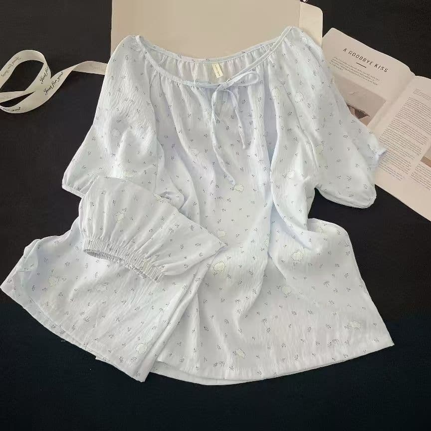Yunduo cotton pajamas women's summer two-piece short-sleeved shorts printed casual pullover girl's home wear loose suit