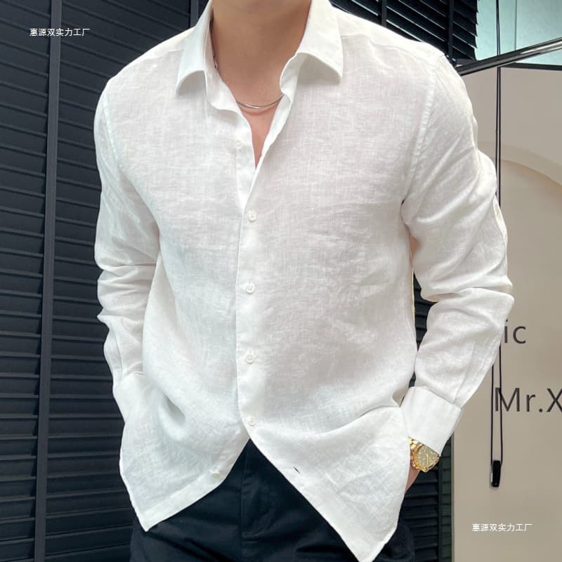 2026 spring new high-quality cotton linen solid color long-sleeved shirt men's loose European versatile top shirt