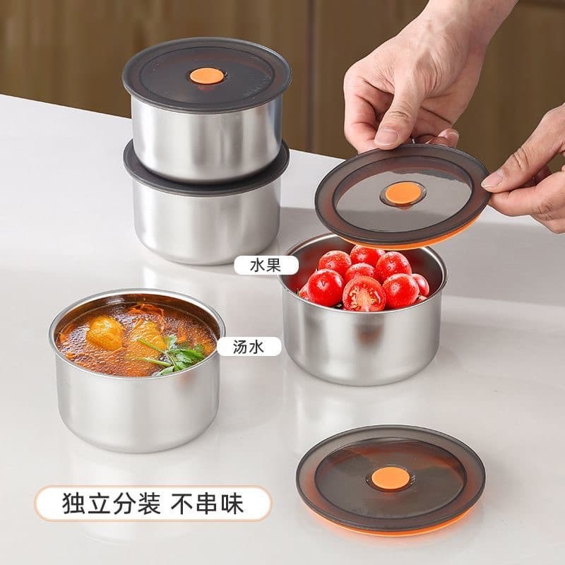 Round Fresh-keeping Box with Lid Sealed Box Stainless Steel Fresh-keeping Box Kitchen Food Material Sub-packaging Moisture-proof Fruit Storage Portable