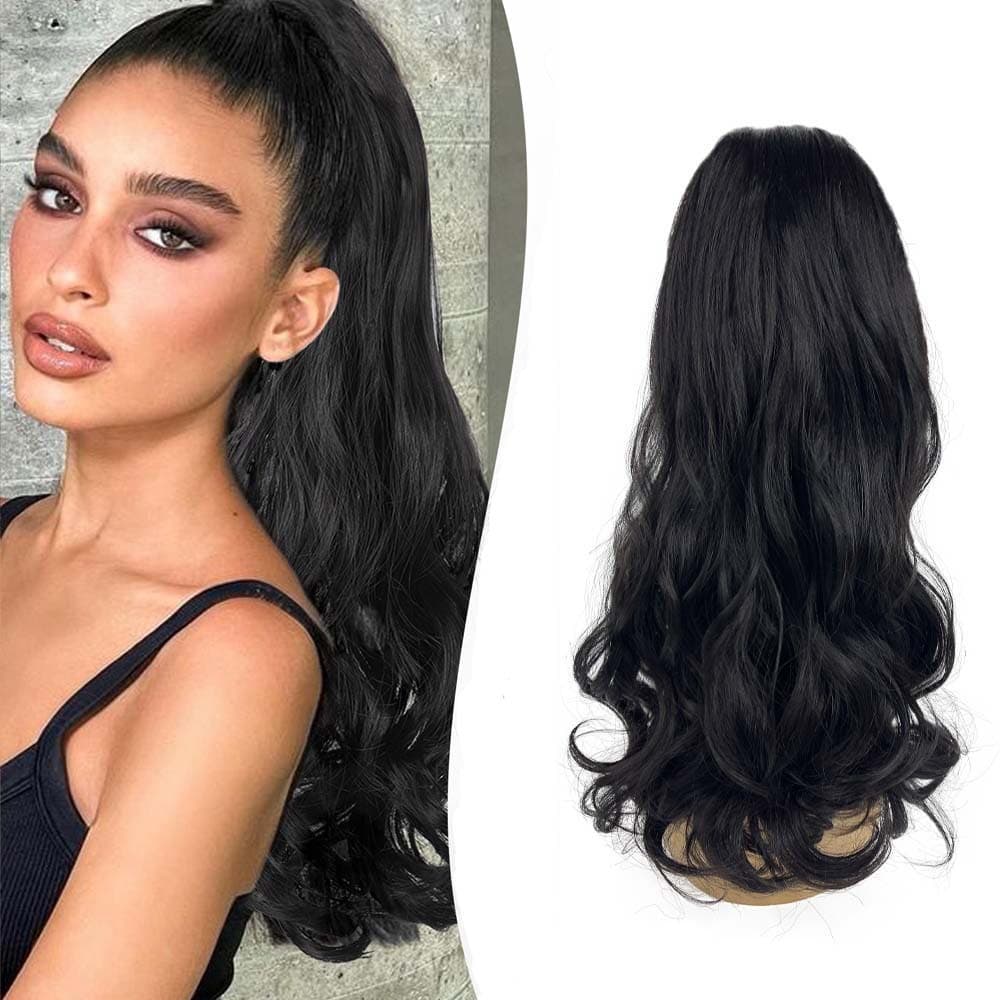 Wig Ponytail with Large Waves, Elastic Net Drawstring Style, Black Long Curly Hair Ponytail, Synthetic Fiber Wig Ponytail