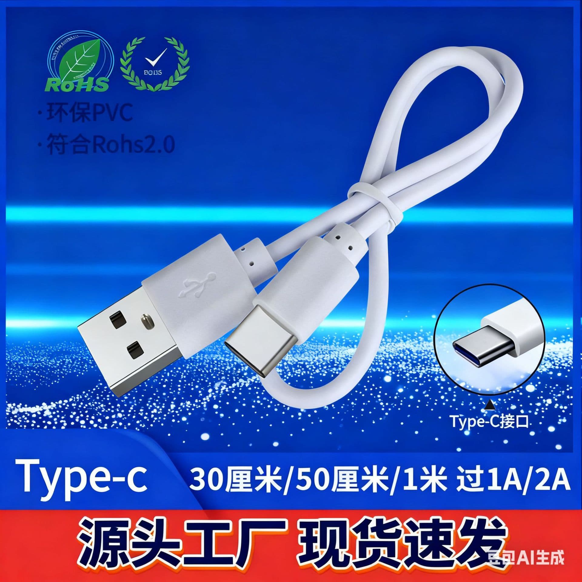 Factory Wholesale Type-C Charging Cable 2A Fan Cable USB to Type-C Charging Cable Short 30cm Eco-Friendly
