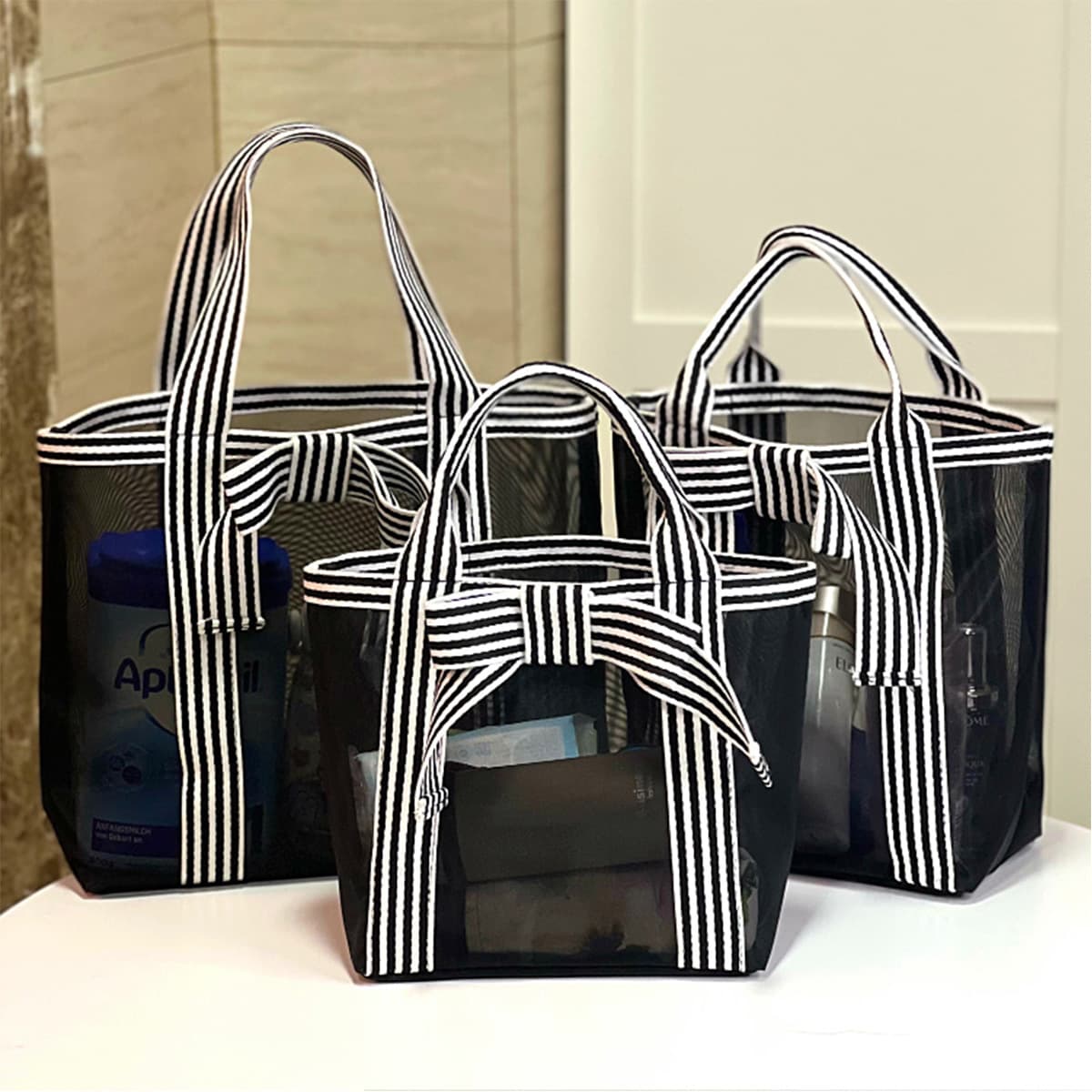 Korean-style Transparent Mesh Hollow Tote Bag Handheld Shopping Bag Toiletry Bag Cosmetic Bag Commuter Lunch Bag Mommy Bag