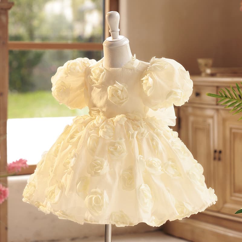 Children's Elegant Champagne Princess Dress with 3D Flowers, High-End Girls' Party Dress for Wedding Flower Girls