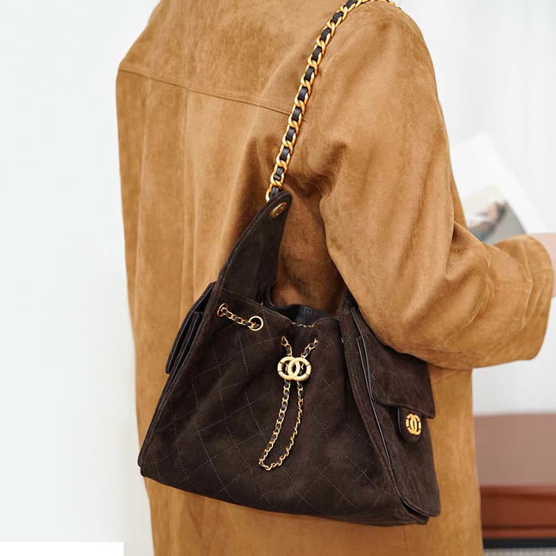 Diamond-Patterned Tote Bag, Matte Genuine Leather, Chanel-Style Suede Chain Shoulder Bag, Suede Leather Single-Shoulder Commuter Bag for Women