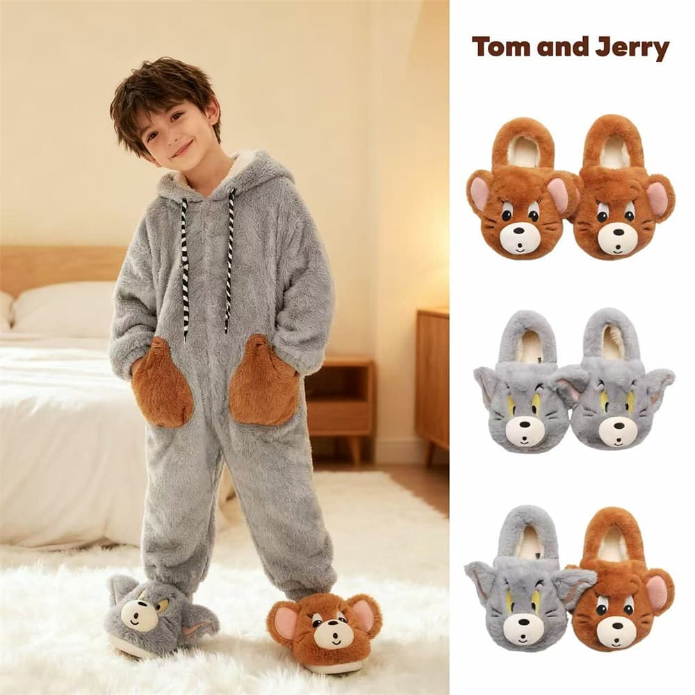 Authentic Tom and Jerry children's cotton slippers, perfect for winter, for boys and girls, with fluffy fur.