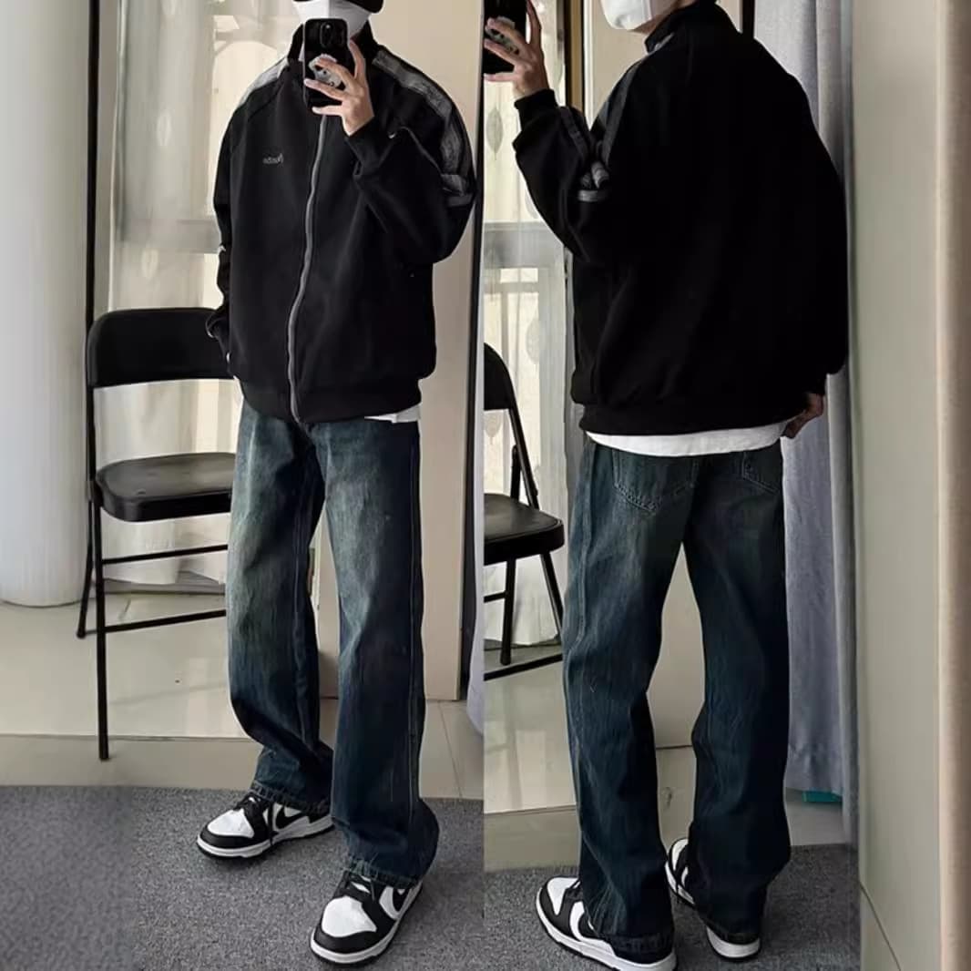 American Retro Blue Jeans for Men Autumn High-End Casual Loose Straight Wide-Leg Pants