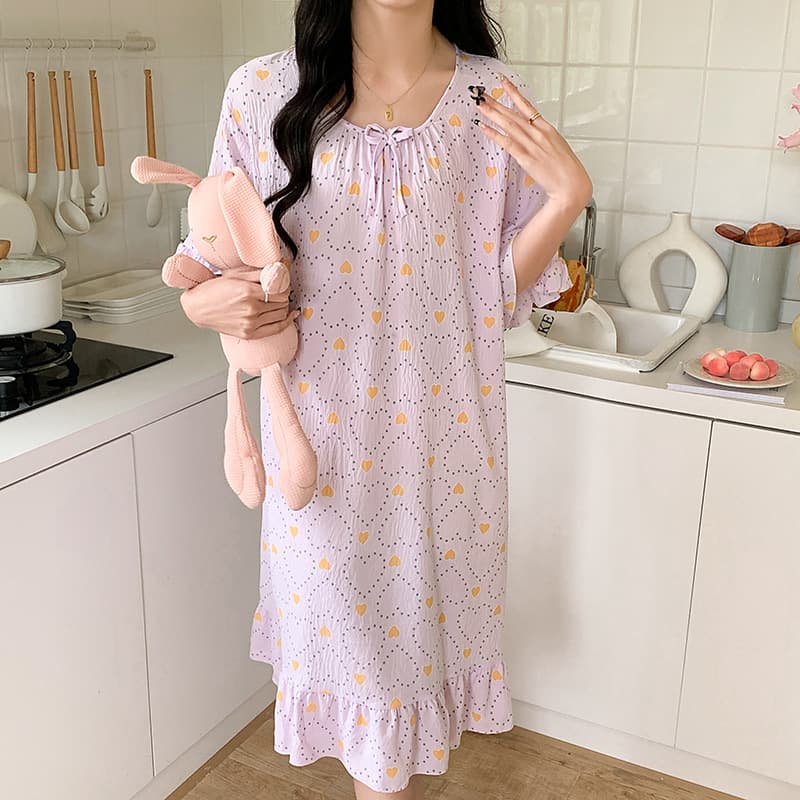 Yunduo cotton nightgown women's foreign trade mid-length short-sleeved printed dress spring and autumn thin plus size casual home wear