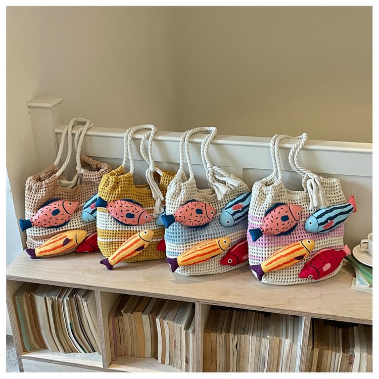 Creative Lotus Fish Commuting Large Capacity Knitted Bag for Women 2026 New Ethnic Style Versatile Hand Knitted Shoulder Bag