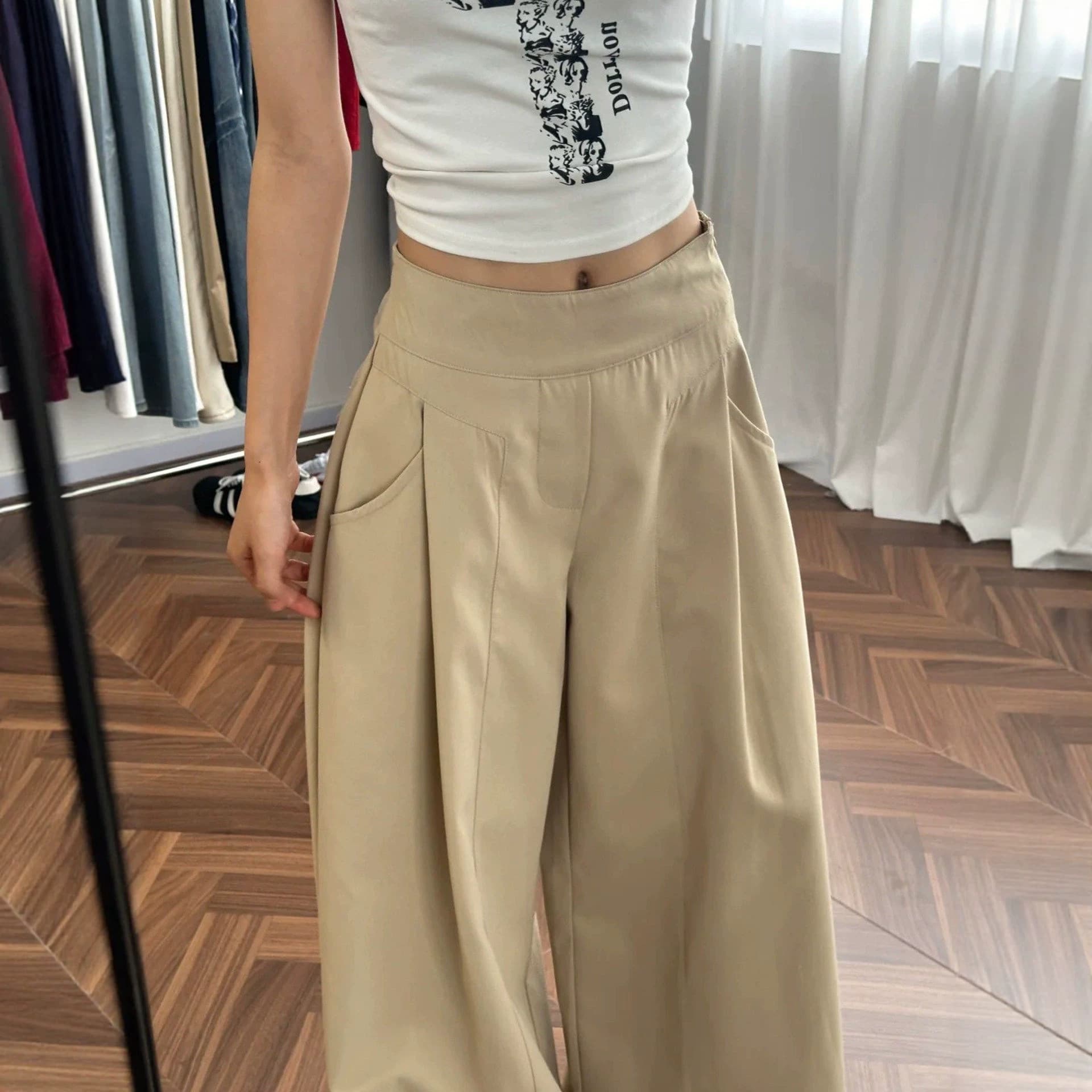 Khaki Casual Wide-Leg Pants for Women, Summer Thin Style, Plus Size, High-Waist Loose Fit, Slimming Old Money Style Trousers