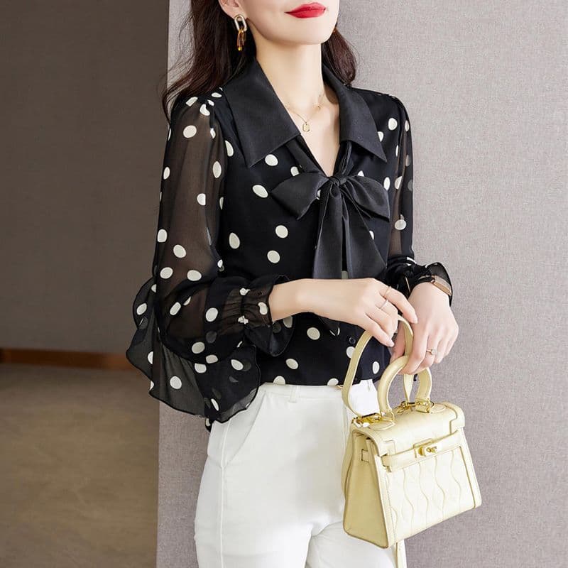 Polka Dot Blouse for Women 2023 Spring New Fashionable Flattering Tummy Cover Chiffon Shirt Ruffle Edge Unique Top