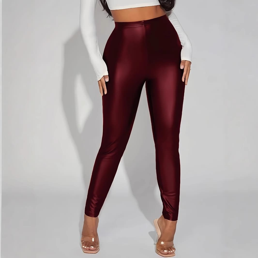 Faux Leather Candy Color Multi-Color Shiny Capri Leggings Metallic Texture Gold Foil Faux Leather Capri Pants