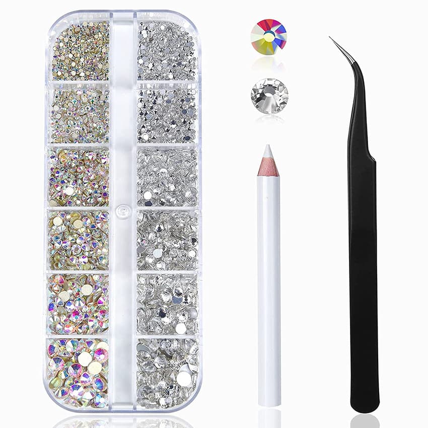 Nail Art Rhinestone Set AB Color + High Silver Flat Back Rhinestones Diamond Pen Tweezers Crystal Point High Silver Flat Back White Rhinestones