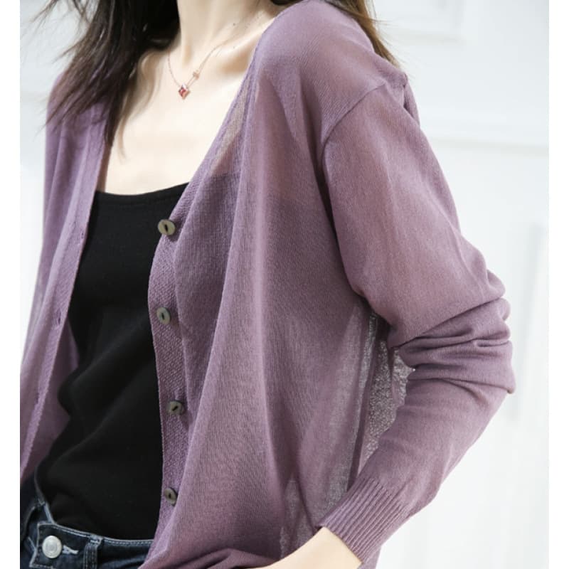New Summer V-Neck Knit Cardigan for Women, Thin Ice Silk Loose Sun Protection Jacket, Short Sleeve Long Sleeve Air Conditioning Shirt, Fashionable Outerwear