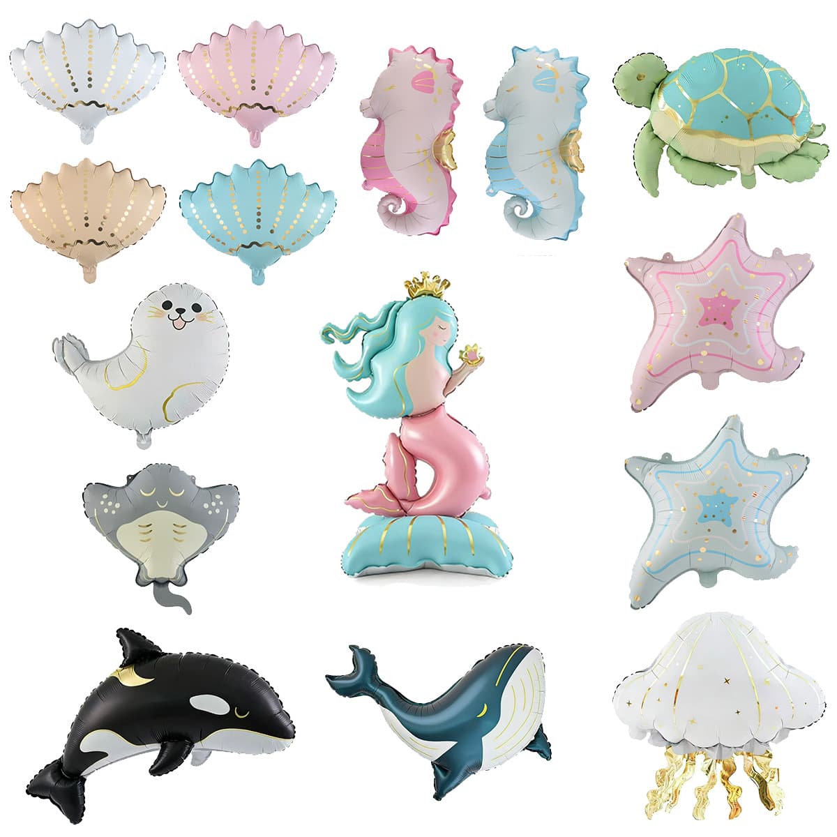 Cross-Border New Matte Ocean-Themed Cartoon Animal Jellyfish Shell Seahorse Manta Ray Mermaid Aluminum Foil Balloons
