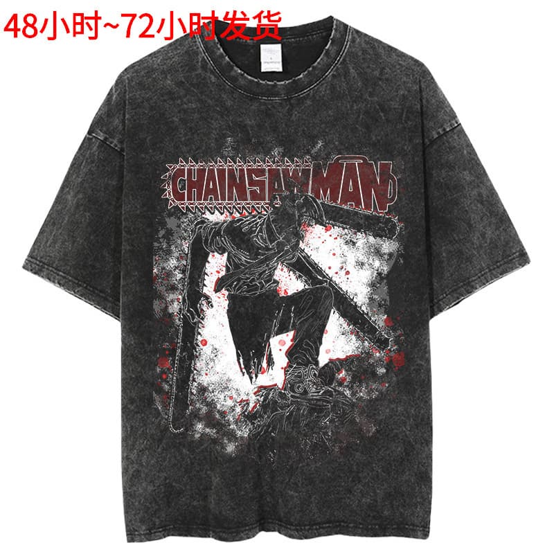 Chainsaw Harajuku Style Retro Tops Anime Shirt Washed T-Shirt Cotton Streetwear American Plus Size Men's Male