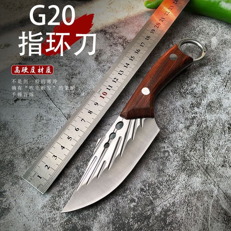 Handmade Outdoor Stainless Steel Knife with Tail Ring Multi-Functional Camping Knife Sharp Handle Meat Fruit Knife