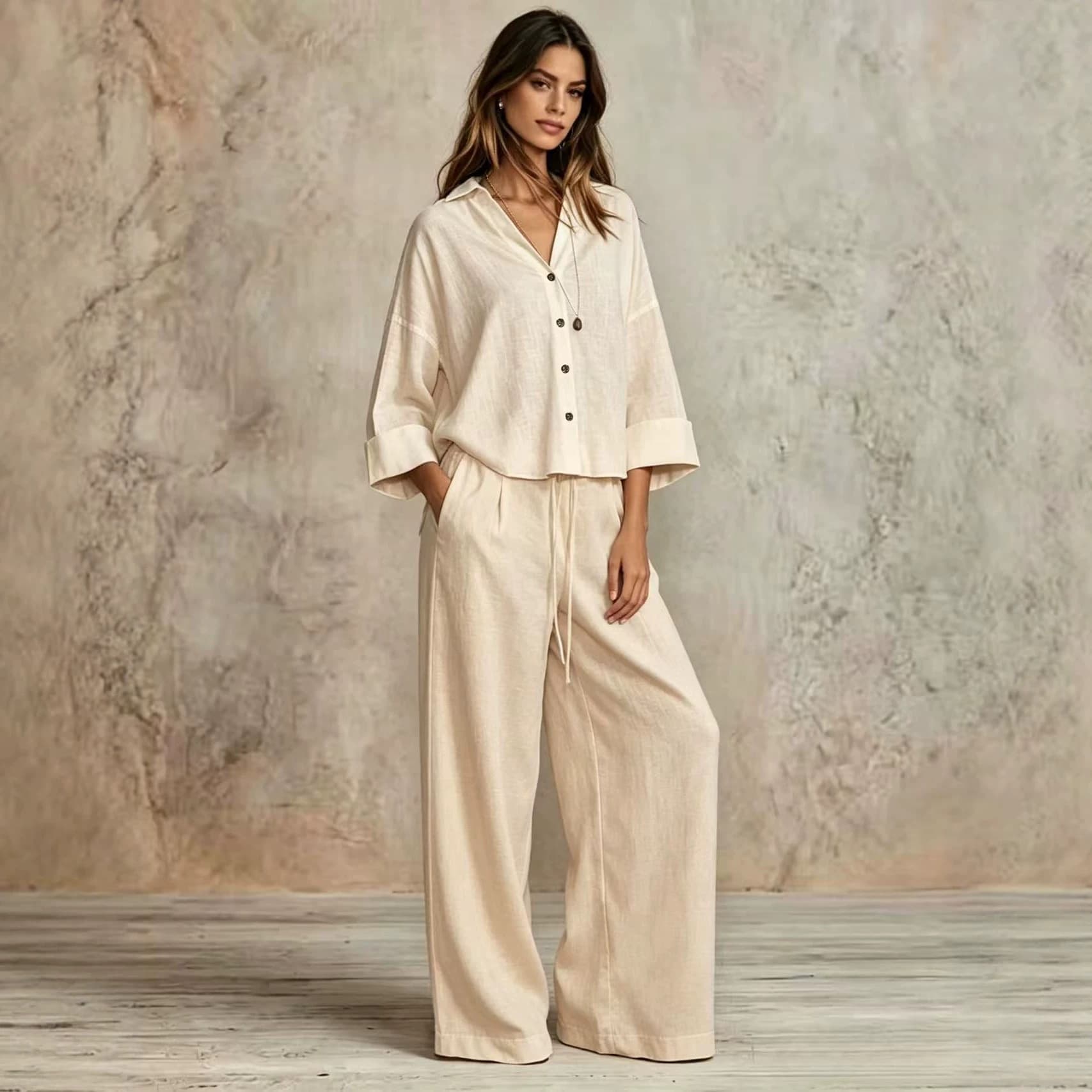 Women's Fall/Winter Two-Piece Set Loose Shirt and Wide-Leg Pants Casual Fashion Commuter Solid Color Long Sleeve