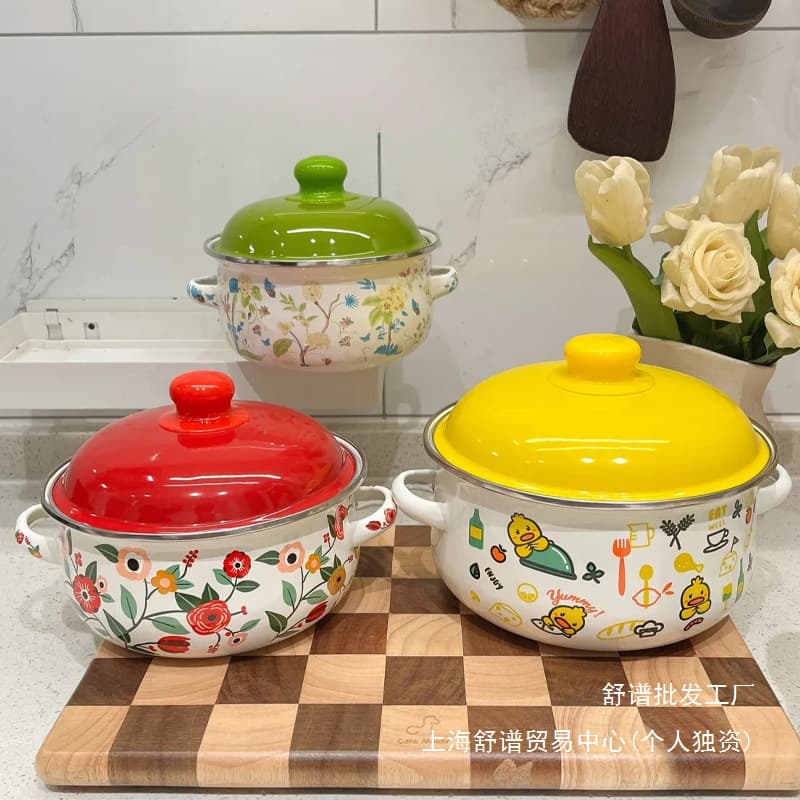 Flat-bottom Instant Noodle Bowl for Dorm Students, Lard Container Enamel Pot, Thickened Double-Ear Enamel Lard Container with Lid