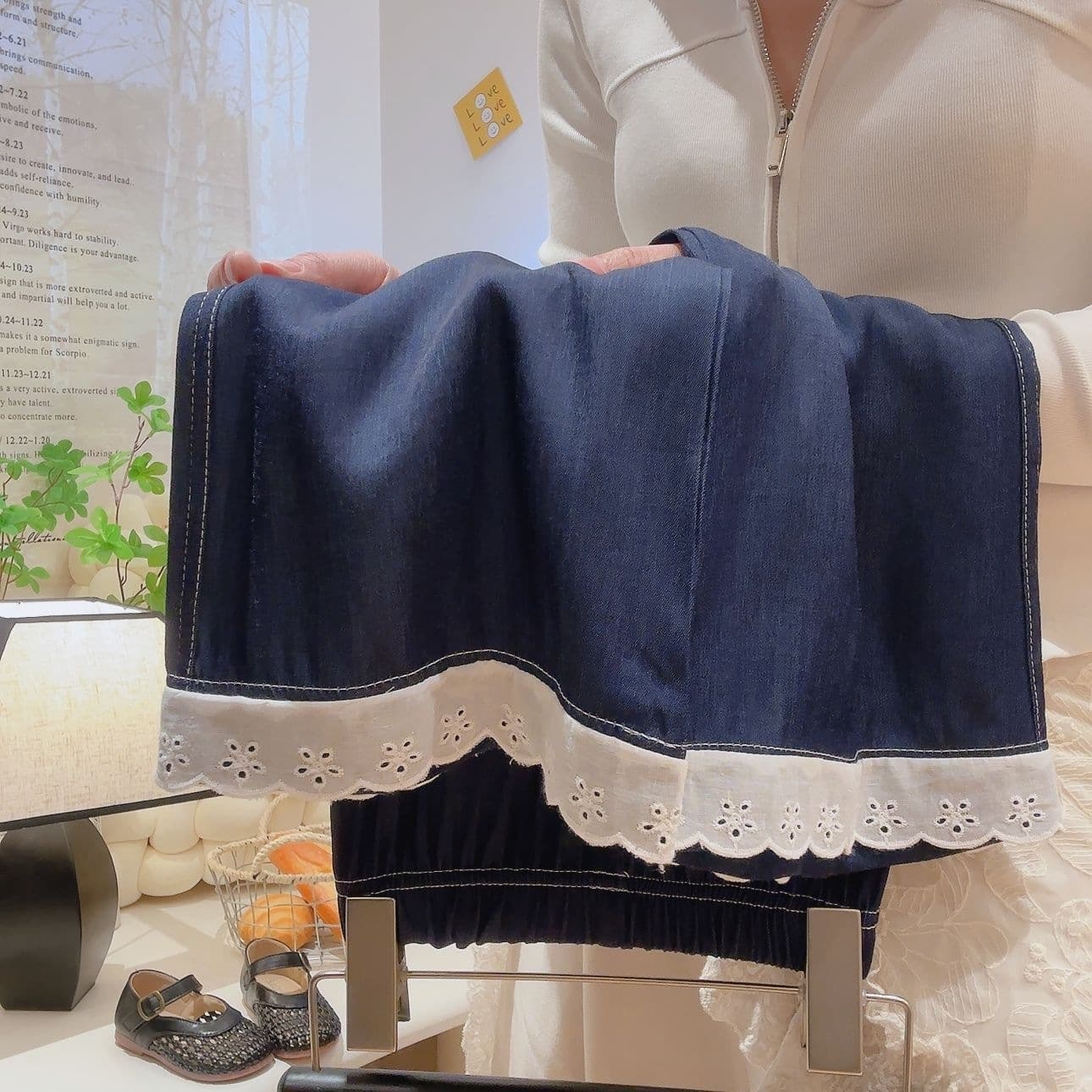 26 girls summer soft denim lace wide leg pants lightweight medium to large children adult versatile children's jeans