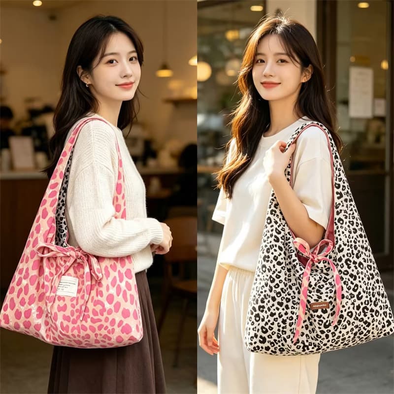 Ins Style Double-Sided Leopard Print Shoulder Tote Bag Soft Large Capacity Student Class Bag Trendy Chic Underarm Bag for Women