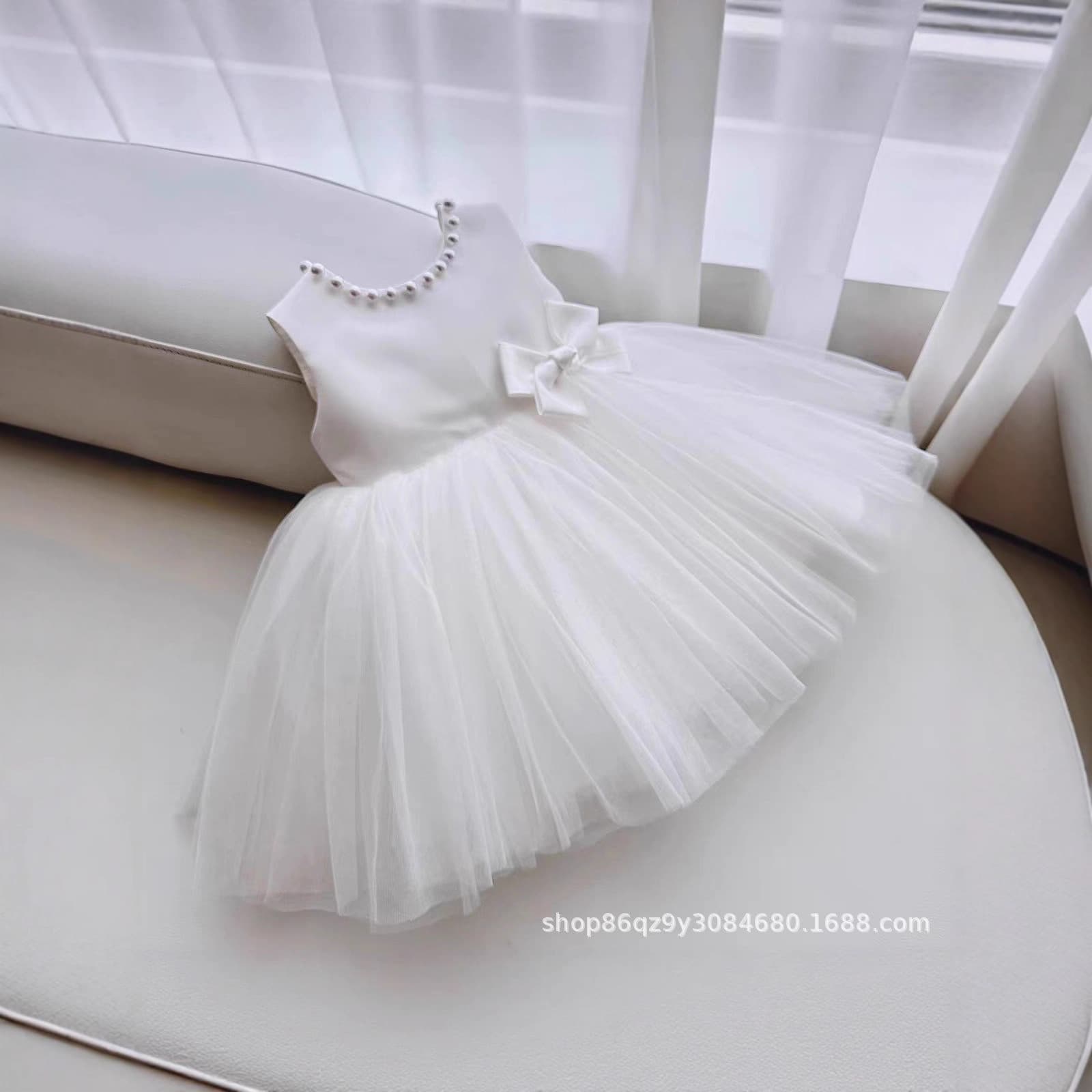 White First Birthday Dress Butterfly Bow Tulle Princess Gown First Communion Girl Dress 100-Day Celebration Birthday Dress