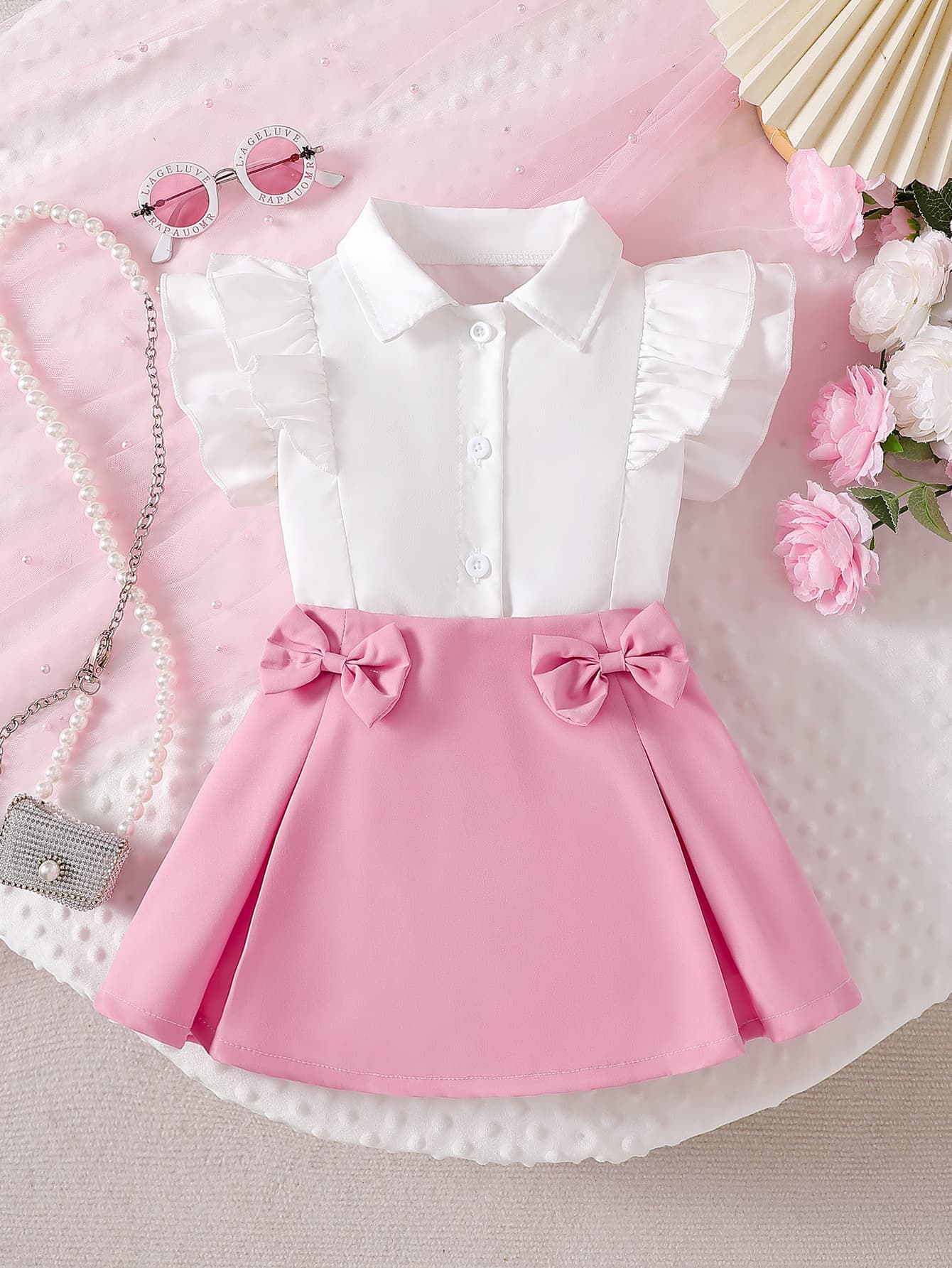 Girls Lapel Fly Sleeve White Shirt Double Bow Pleated Skirt Two-piece Summer Children's Academy Performance Suit