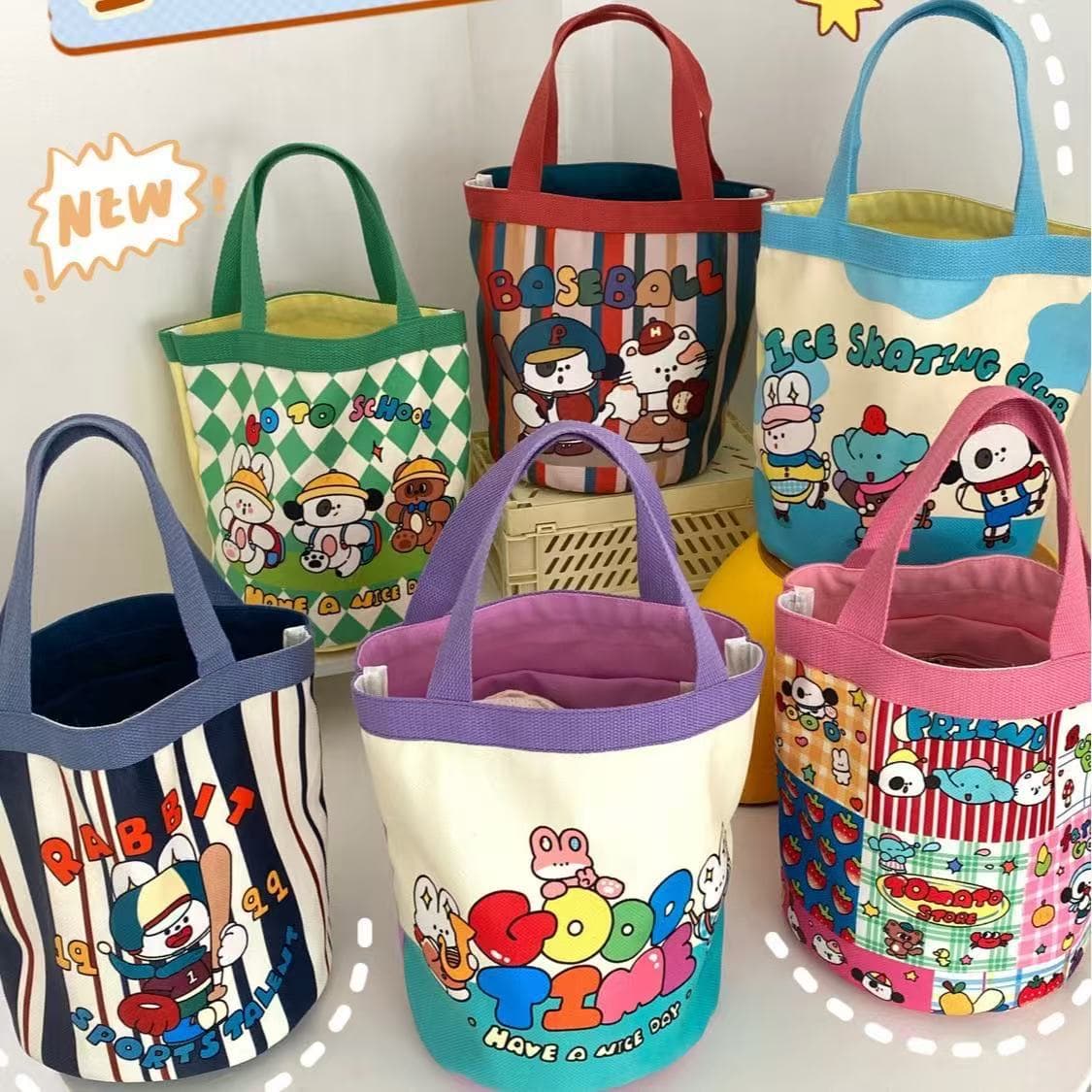 Cute Dog Cylinder Bag, Handheld Canvas Bag, New Korean-style Girly Lunch Tote, Large Capacity Cartoon Bucket Bag