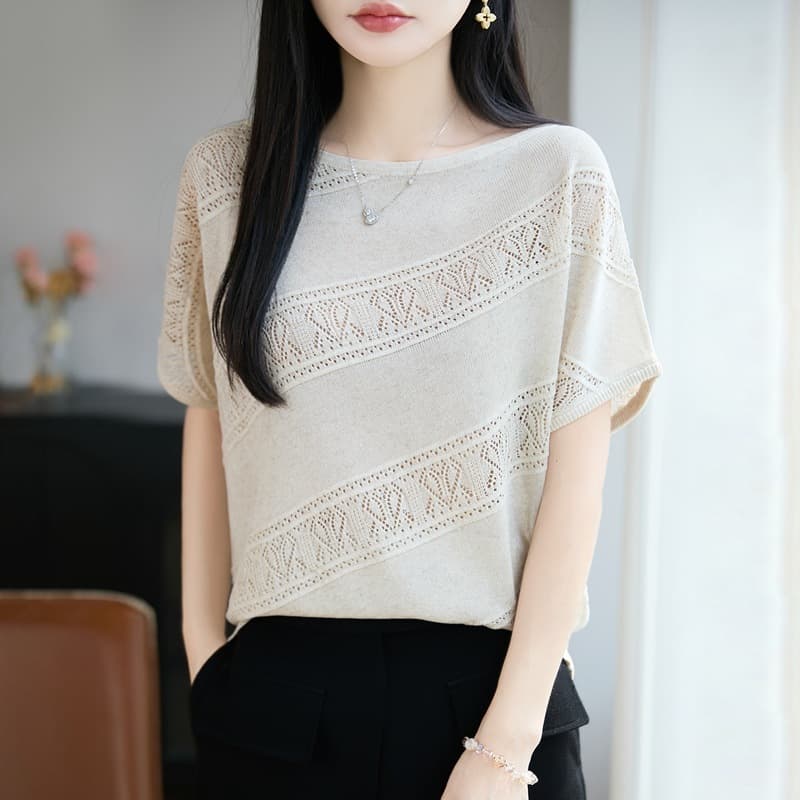 Tencel Linen Round Neck Knitwear Batwing Short Sleeve Women Solid Color Hollow Out 2026 Spring/Summer New Base Layer T-Shirt