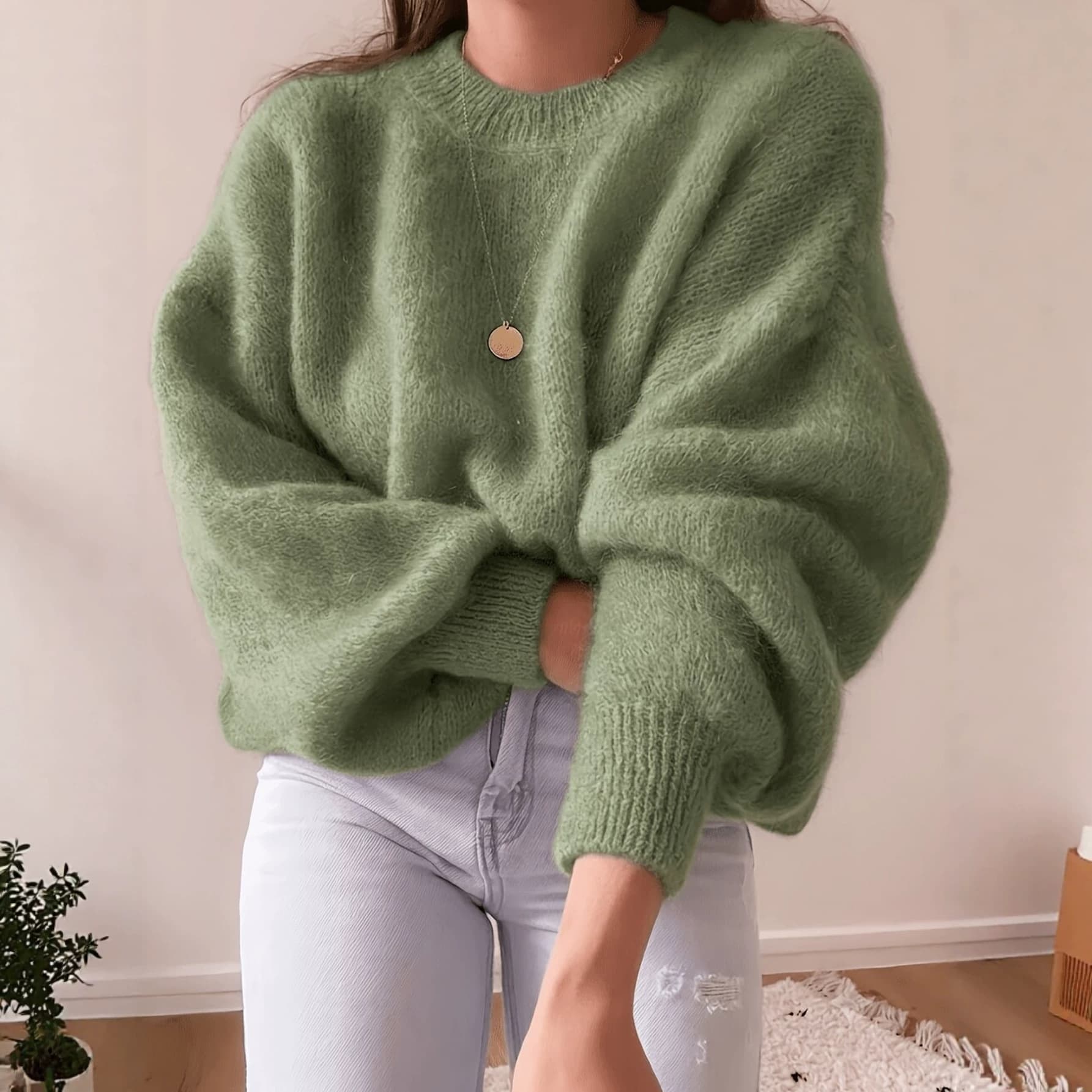 Women's New Arrival Soft Solid Color Lantern Long Sleeve Sweater Loose Slim Fit Thick Knit Pullover