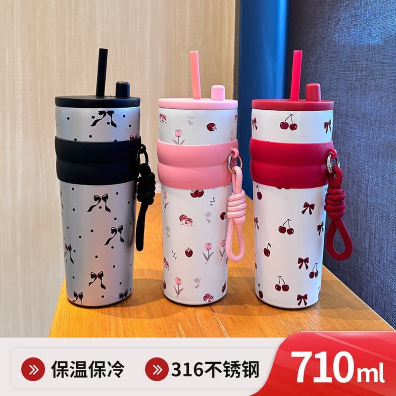 Fashion Stainless Steel Insulated Water Cup Large Capacity Car Cup with Cute Print Coffee Cup Portable Dual-Drink Ice Boss Cup