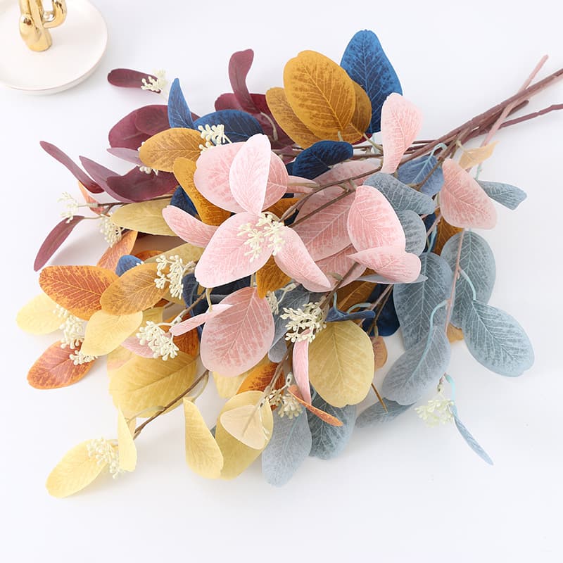 Artificial Green Plant Wedding Home Flower Arrangement with Fruit American Eucalyptus Leaf Artificial Single Branch 3-Fork Eucalyptus Leaf Artificial