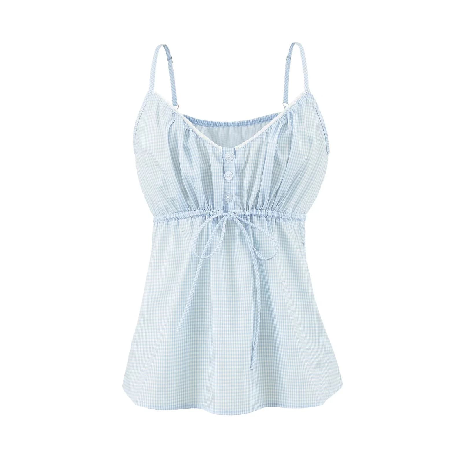 American Hot Girl Plaid Button Tie Strap Tank Top Women Summer Sweet Hot Style Loose Thin Strap Sleeveless Top