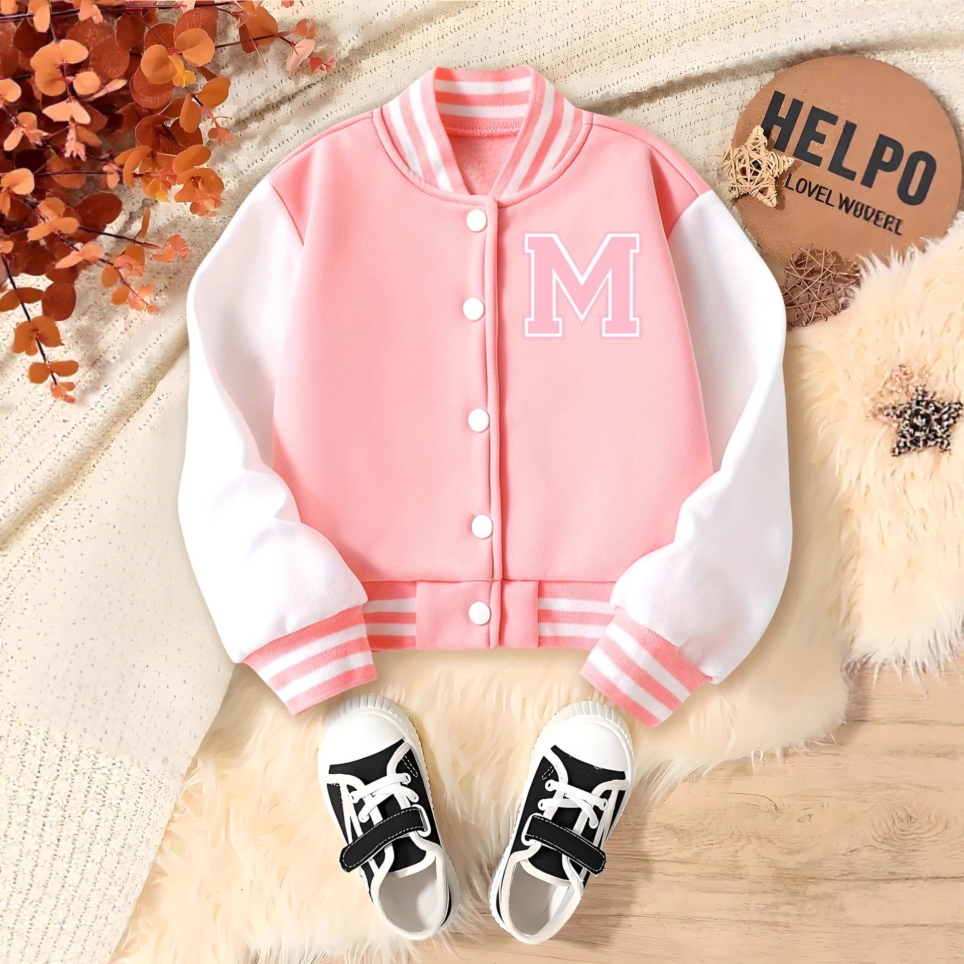 Cross-border children's INS style baseball jacket with letter 'M' pattern design for girls aged 4-14