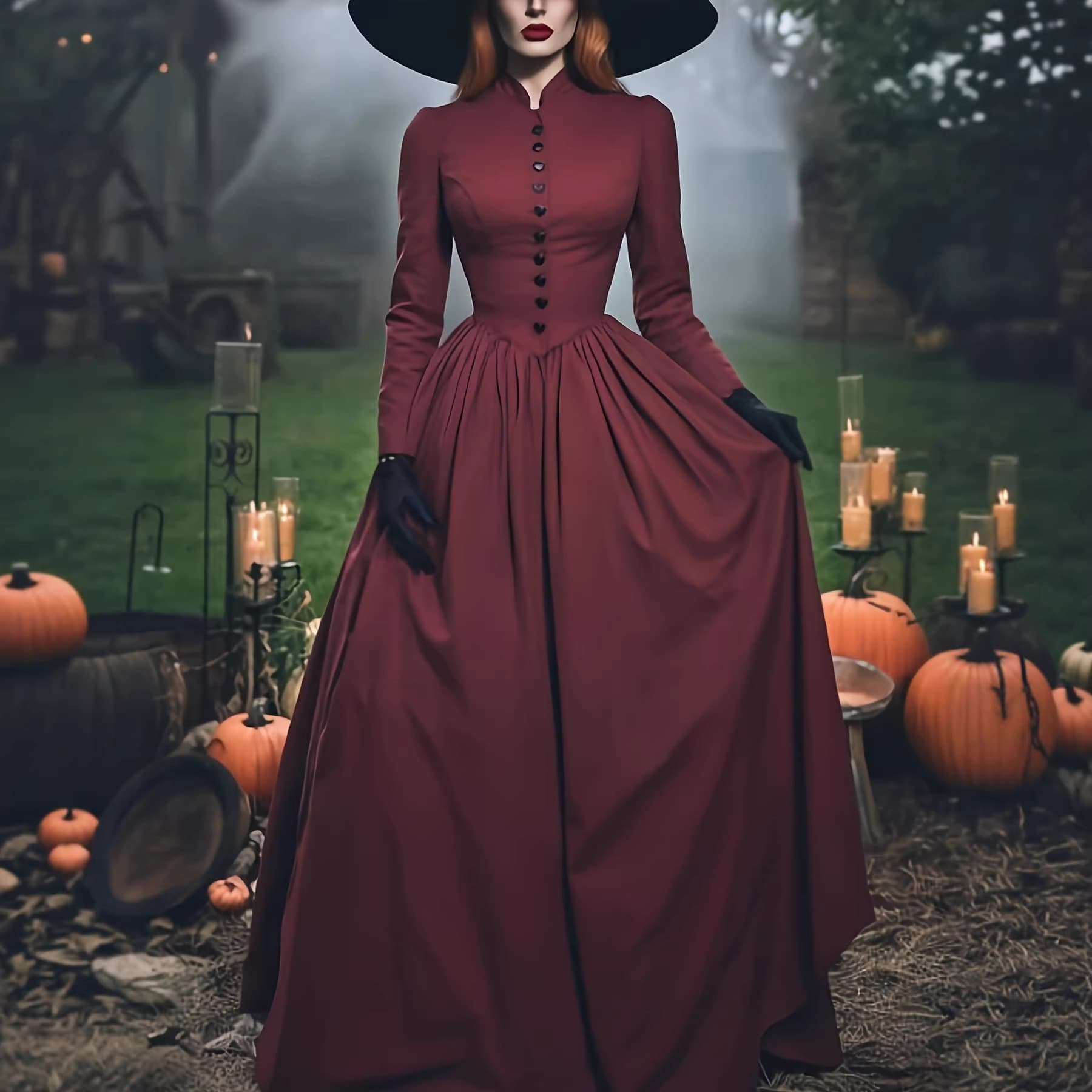 Retro Gothic style burgundy stand-up collar waist long skirt stand-up collar button design exquisite and elegant party wear