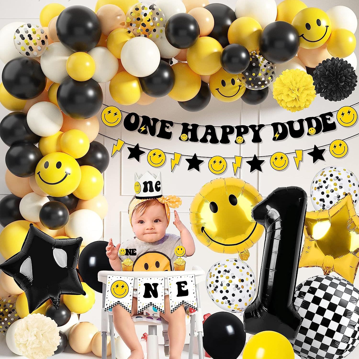 Smiley Face Happy Birthday Garland Pompom Party Decoration Black Gold Birthday Balloon Set