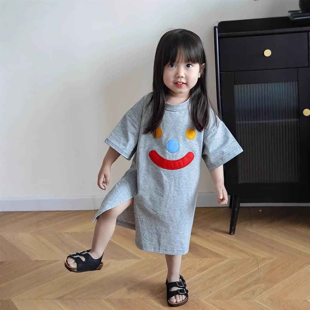 Girls Summer Kindergarten Cute Short Sleeve T-Shirt Dress Baby Design Split Dress Children Dress