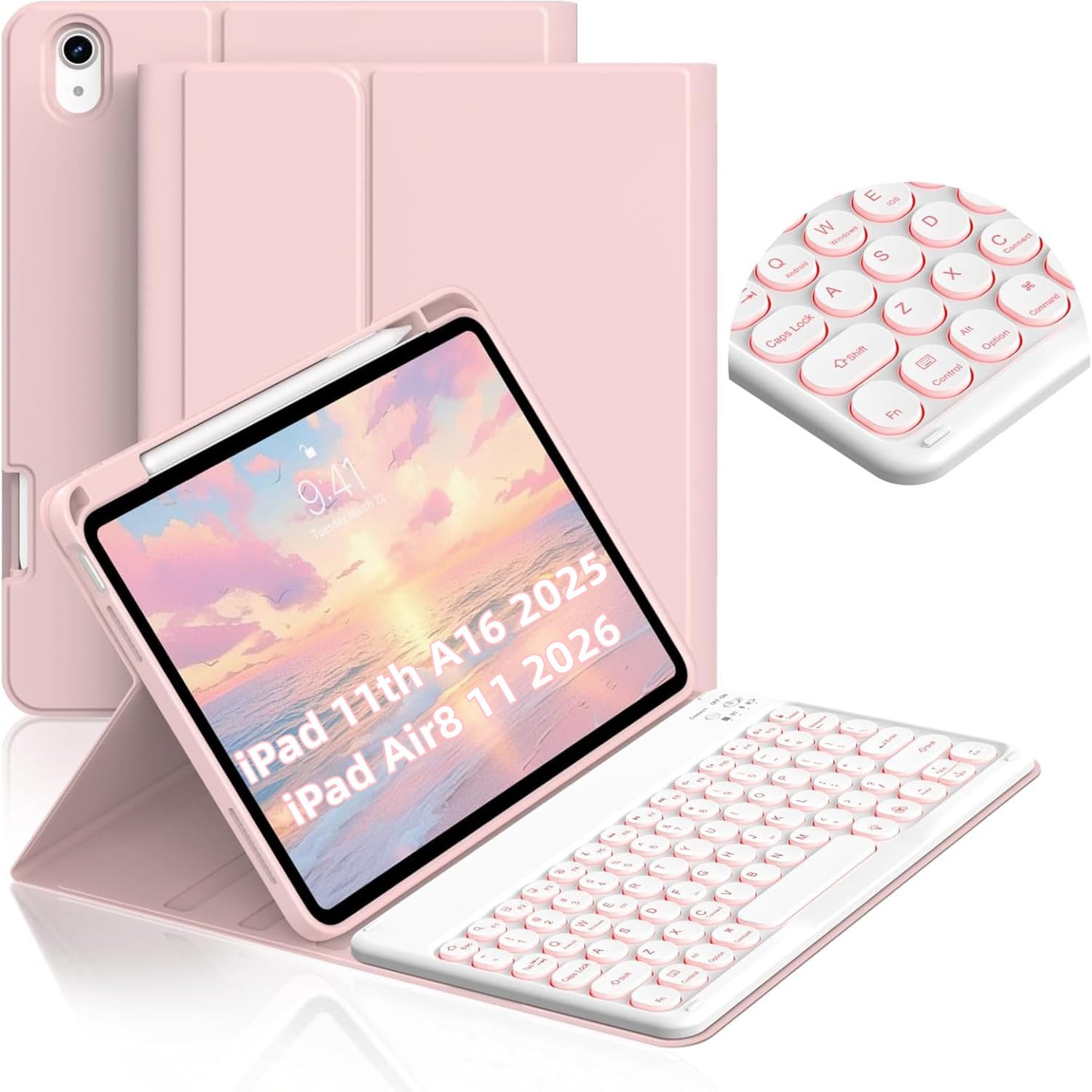 iPad 11th Gen Case with Bluetooth Keyboard for iPad Air 8, 10th Gen Shell, Round Cap Backlit, Arabic Compatible