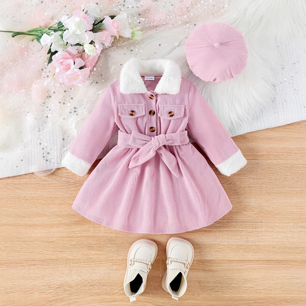Baby Girl Faux Fur Collar Long Sleeve Fashion Dress + Hat + Belt 3-Piece Set Soft Skin-Friendly Spring Casual