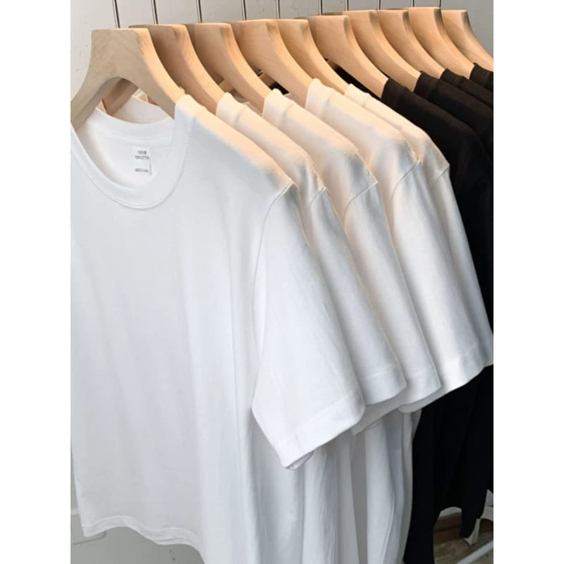 Simple pure white cotton right shoulder white short-sleeved T-shirt for women with solid color round neck summer t-shirt basic top