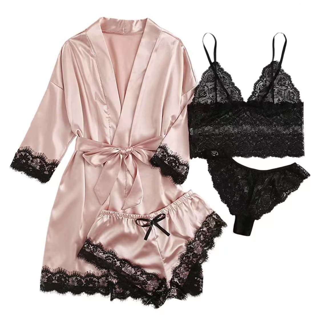 Custom Hot Four-Piece Set European and American Women's Pajamas Lace Trim Robe Lace Camisole Robe Short