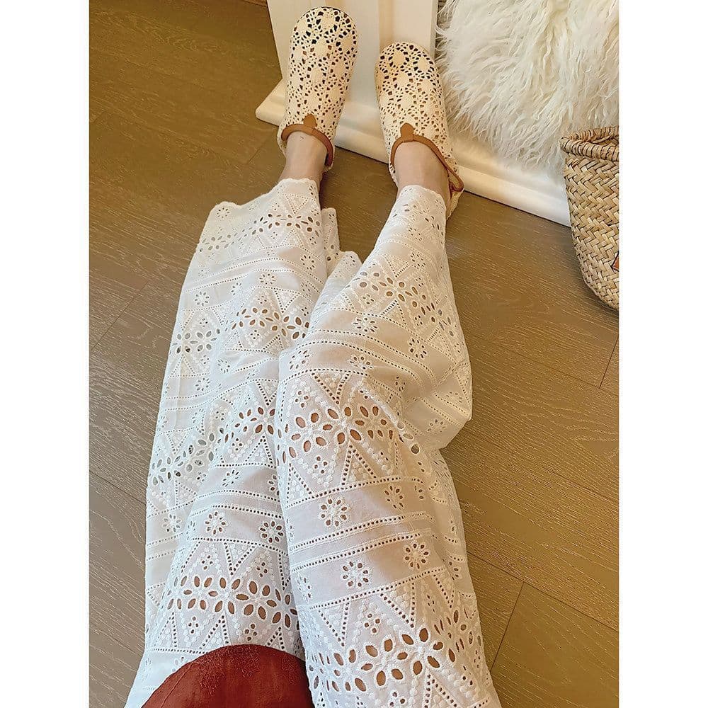 Original Fabric Girls White Hollow Lace Wide Leg Pants Fairy Vacation Style Thin High Waist Straight Leg Casual