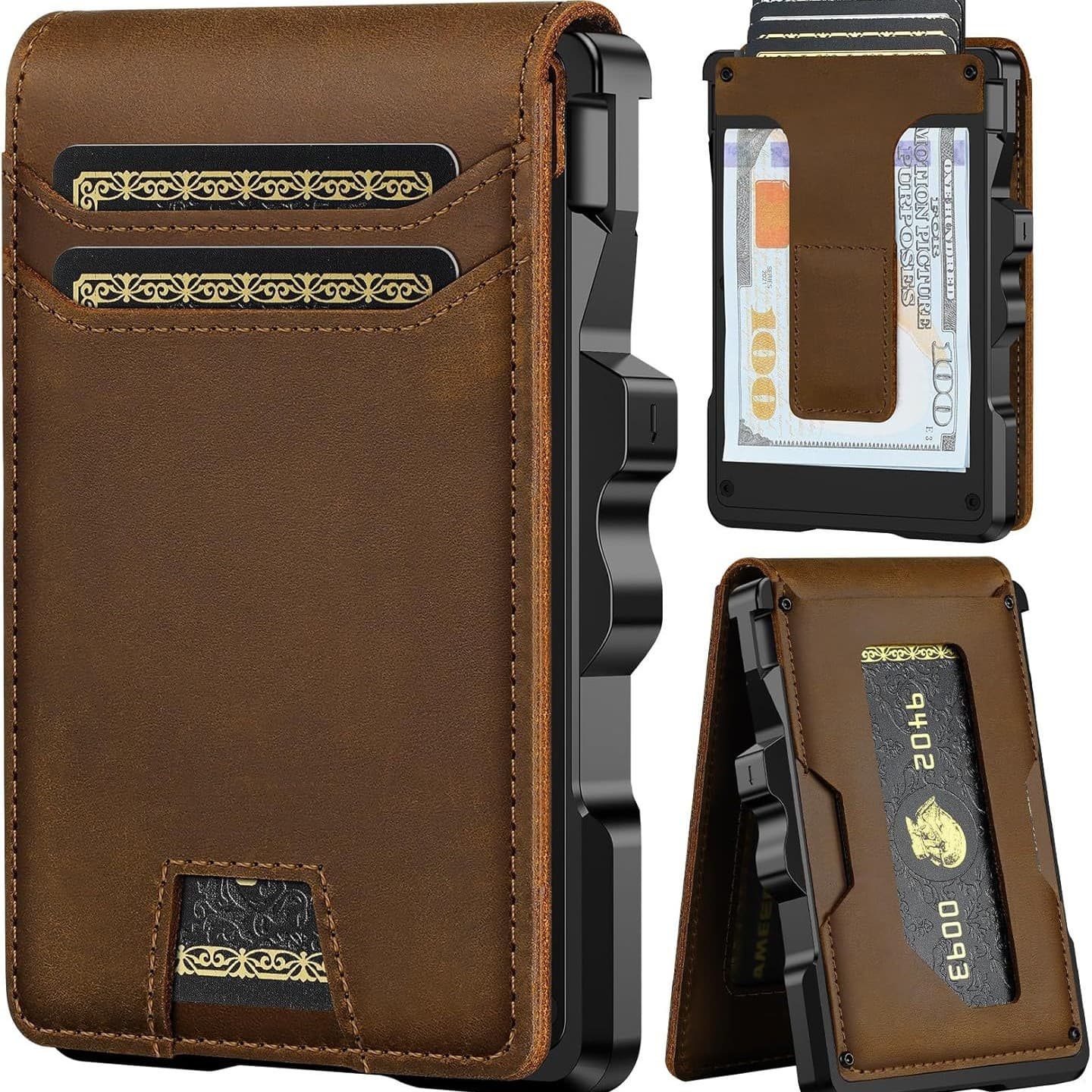 Men's Genuine Leather Wallet: Slim RFID Minimalist Wallet with Money Clip - Smart Pop-Up Credit Card Organizer