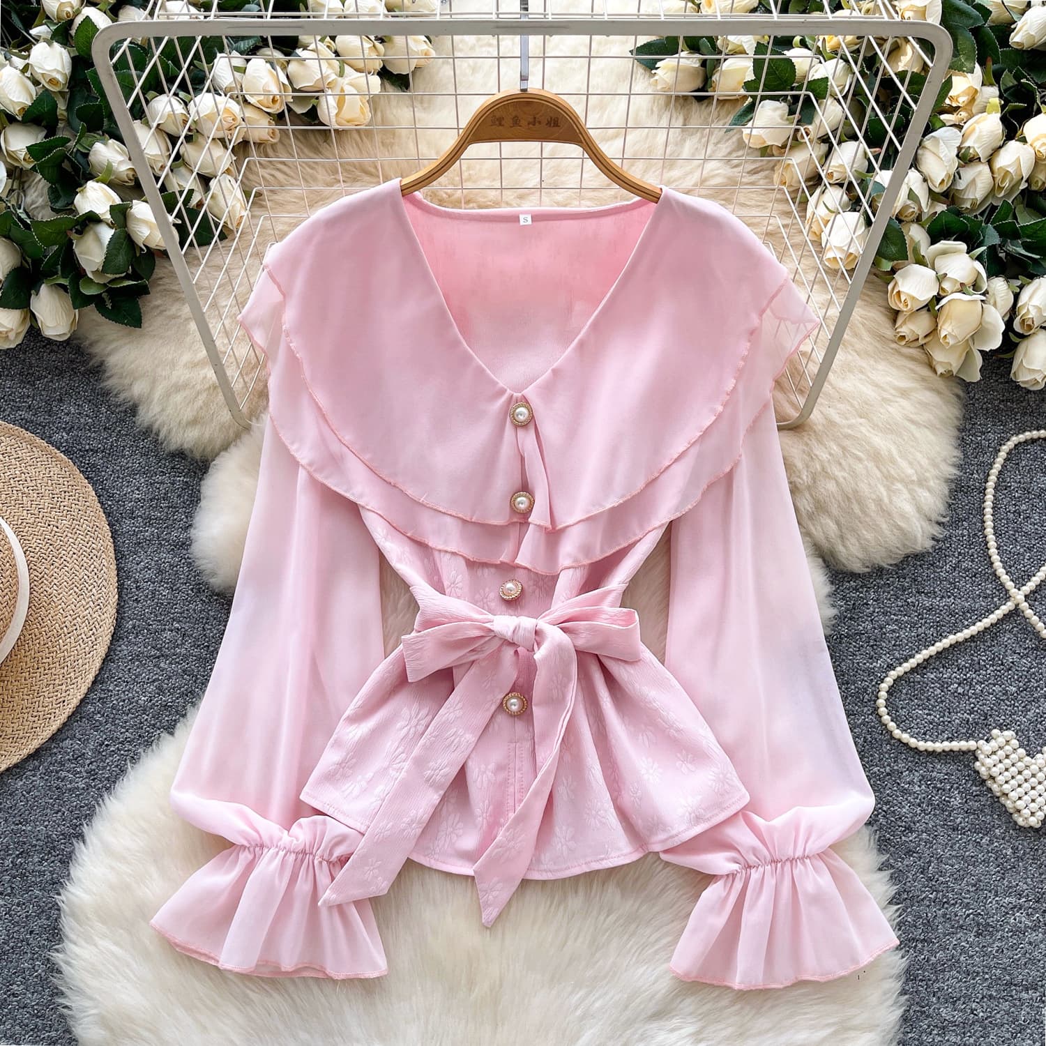 Cross-border French gentle style versatile doll collar long-sleeved strapped waist shirt for women in autumn and style, age-reducing chiffon shirt