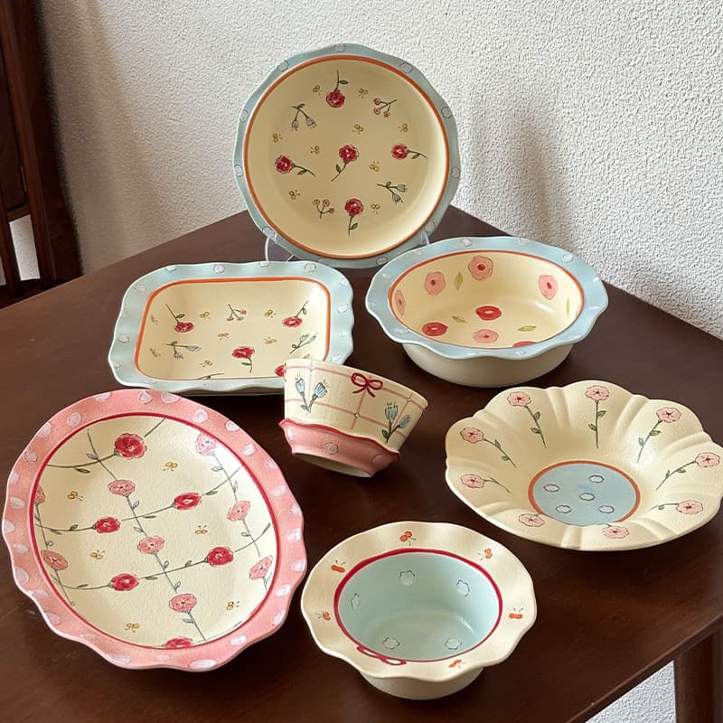 Fresh Ins Style Floral Fun Salad Bowl Salad Plate Trendy Handle Dish Ceramic Tableware Wholesale