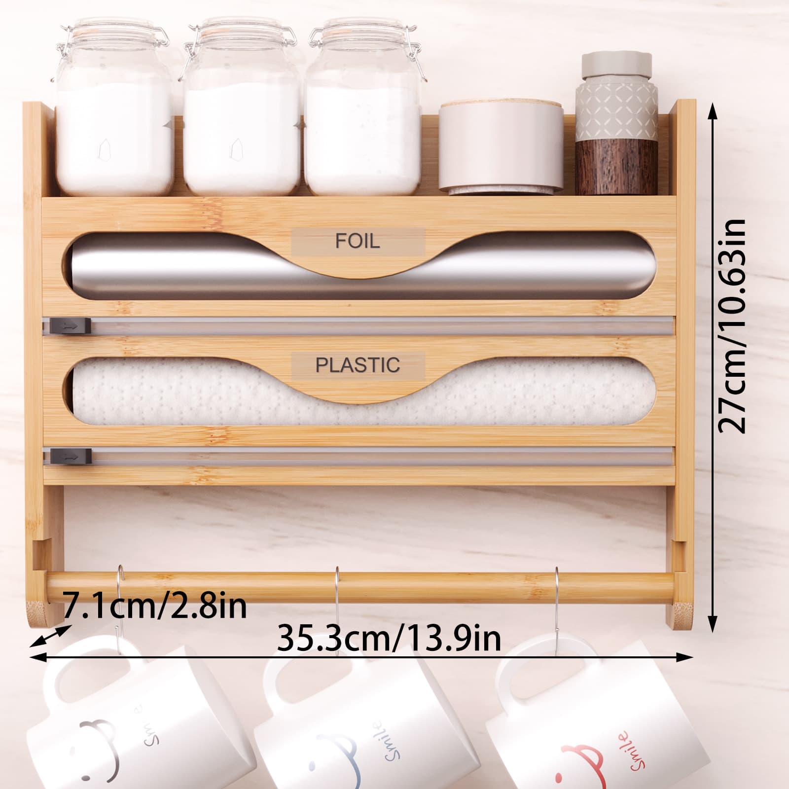 In Stock Cross-Border Bamboo Plastic Wrap Cutter Storage Box Organizer Home Kitchen Paper Holder 3-in-1 Shelf