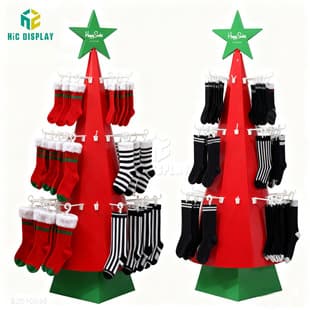 Christmas Tree-Shaped Corrugated Cardboard Sock Display Rack, Supermarket Exhibition Stand and Paper Shelf Design