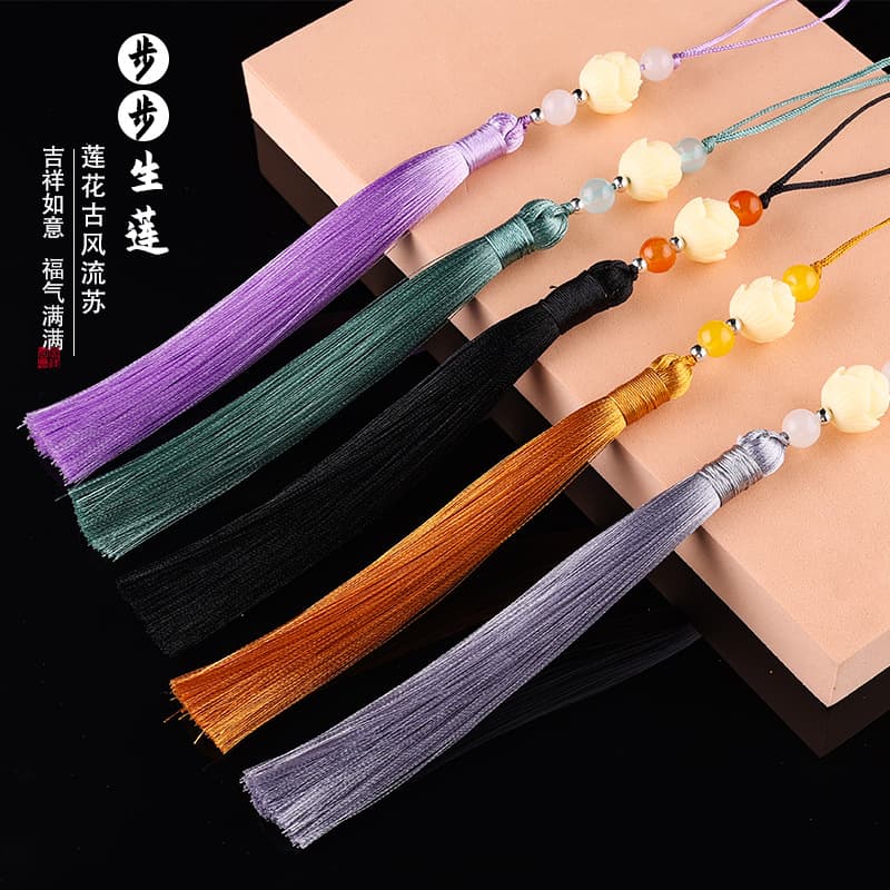 Lotus Ancient Style Hanfu Tassel Handwoven Unisex Jade Pendant Hanging Ornament Chinese Trendy Car Accessory
