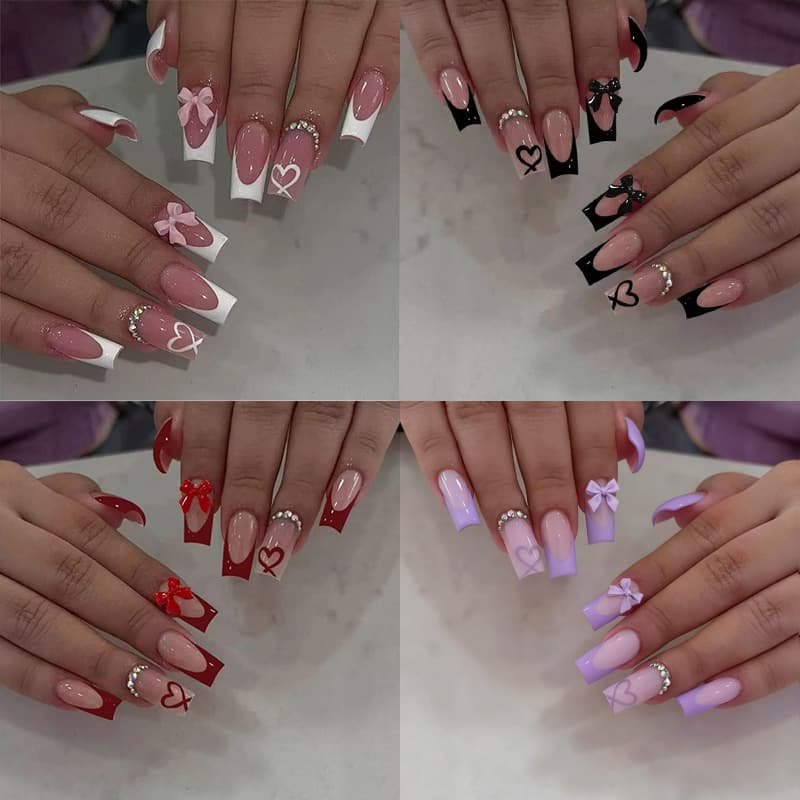 24-piece nail art set, a hot-selling export item in Europe and America, featuring a Valentine's Day design with heart-shaped bows and rhinestones, available for wholesale.